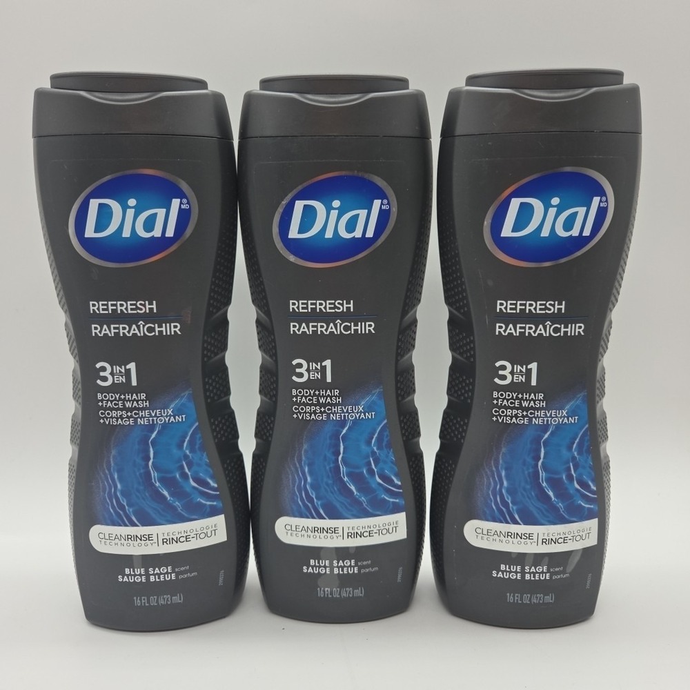 Lot 3 Dial For Men 3 In 1  Face Body Hair Wash Combo Hydro Fresh Blue Sage 16 oz